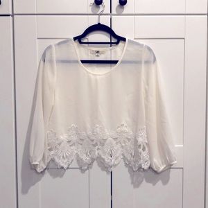 Off-white silk lace crop top, 3/4 sleeve, small